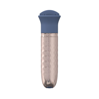 Compact rechargeable wand vibrator with textured silicone head and metallic patterned handle in blue and rose gold tones