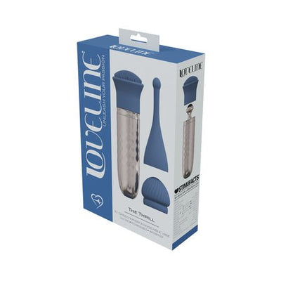 Packaging box of LoveLine The Thrill Wand with interchangeable silicone heads in blue and silver tones.