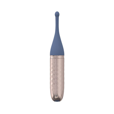 Compact rechargeable wand vibrator with textured rose gold handle and smooth blue silicone tip.