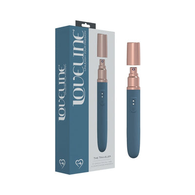 Loveline The Traveler 10 speed rechargeable silicone travel vibrator with rose gold cap and blue body next to its blue and white packaging box.