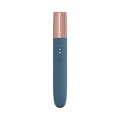 Loveline The Traveler sleek blue silicone vibrator with rose gold cap and control buttons on white background.