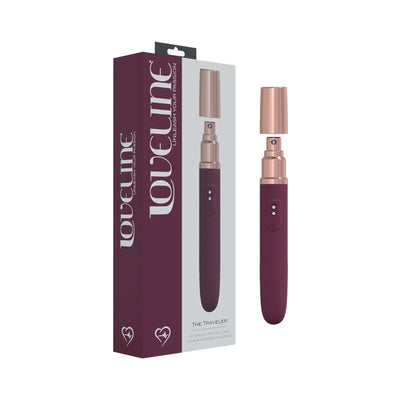 Loveline The Traveler 10-speed rechargeable silicone travel vibrator with rose gold cap and sleek plum body next to its matching box.