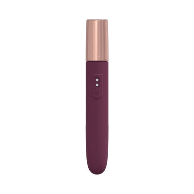 Slim rechargeable travel vibrator in deep plum with rose gold cap and dual-button control panel