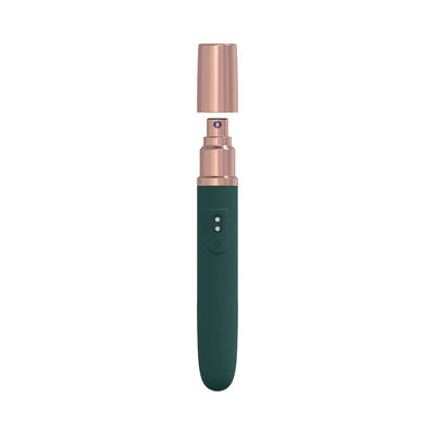 Loveline The Traveler 10-speed rechargeable silicone travel vibrator with rose gold cap and dark green body.