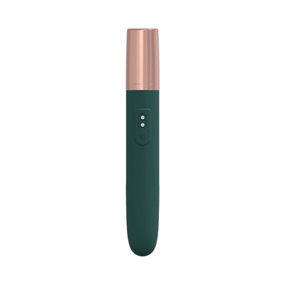 Loveline The Traveler compact rechargeable silicone vibrator with dark green body and rose gold cap.