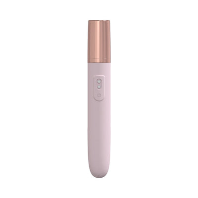 Compact pink and rose gold rechargeable silicone travel vibrator with 10 speed settings and waterproof design.