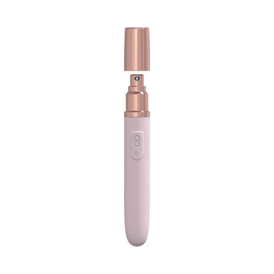 Loveline The Traveler sleek pink and rose gold travel vibrator with removable cap and control buttons.