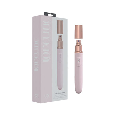 Loveline The Traveler 10-speed rechargeable silicone travel vibrator with rose gold cap and sleek pink body next to its packaging box.