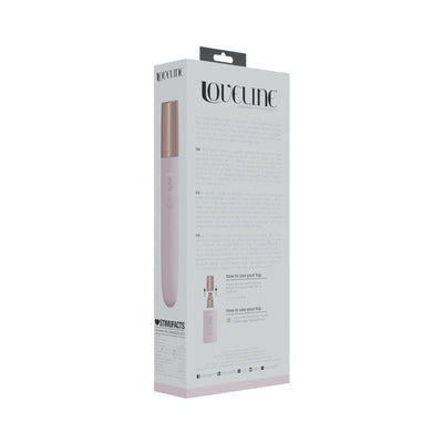 Packaging box for Loveline The Traveler 10 Speed rechargeable waterproof silicone travel vibrator in soft pink and rose gold accents.
