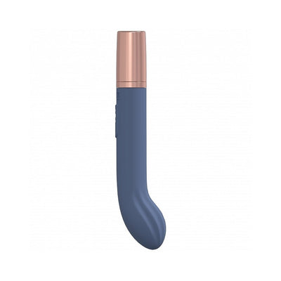 Loveline Traveler G-spot vibrator in blue silicone with rose gold cap, curved ergonomic design, and smooth finish.