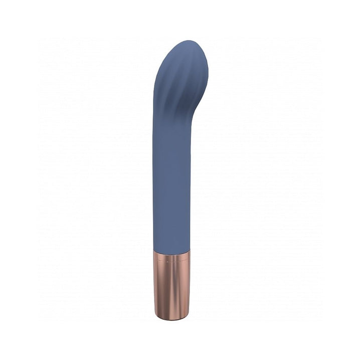 Blue silicone G-spot vibrator with textured tip and rose gold base, sleek and rechargeable design.