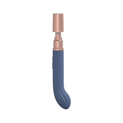 Loveline Traveler G-spot vibrator in blue silicone with rose gold cap and base, sleek curved design for targeted stimulation.