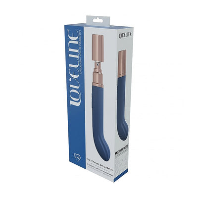 Packaging box of Loveline Traveler G-spot vibrator in navy blue with rose gold accents and product image on front.