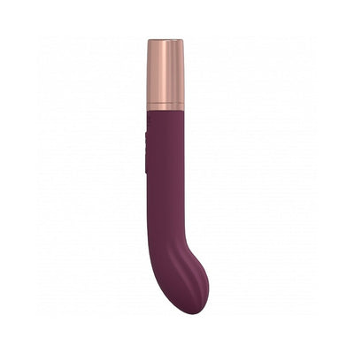 Sleek plum and rose gold silicone G-spot vibrator with curved tip and smooth finish.