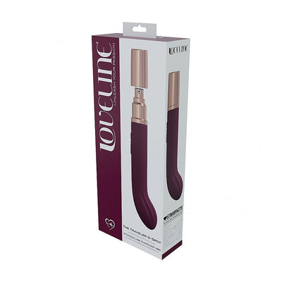 Packaging box of Loveline Traveler G-spot vibrator in purple and rose gold with product image and branding.