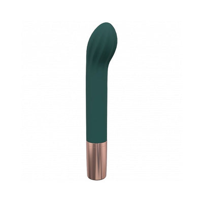 Dark green silicone G-spot vibrator with curved textured tip and rose gold base, standing upright on white background.