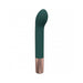 Dark green silicone G-spot vibrator with curved textured tip and rose gold base, standing upright on white background.