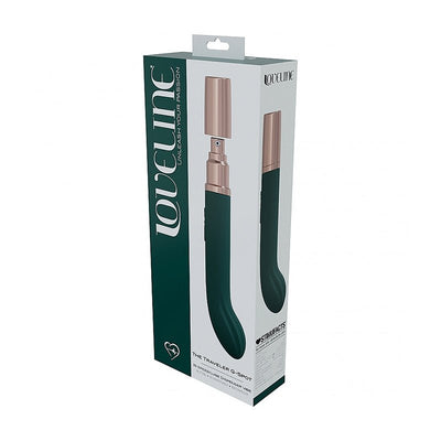Loveline Traveler G-spot vibrator in sleek black and rose gold packaging with product image and branding.