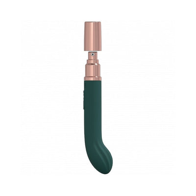 Loveline Traveler G-spot vibrator in dark green silicone with rose gold cap, sleek curved design, and rechargeable feature.