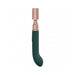 Loveline Traveler G-spot vibrator in dark green silicone with rose gold cap, sleek curved design, and rechargeable feature.