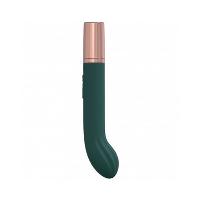 Loveline Traveler G-spot vibrator in dark green silicone with rose gold cap, curved ergonomic design.