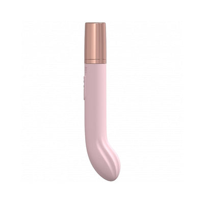 Sleek pink silicone G-spot vibrator with curved tip and rose gold accent, rechargeable and splashproof design.
