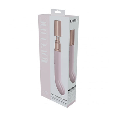 Packaging box for Loveline Traveler G-spot vibrator in soft pink with rose gold cap, featuring sleek, curved design.