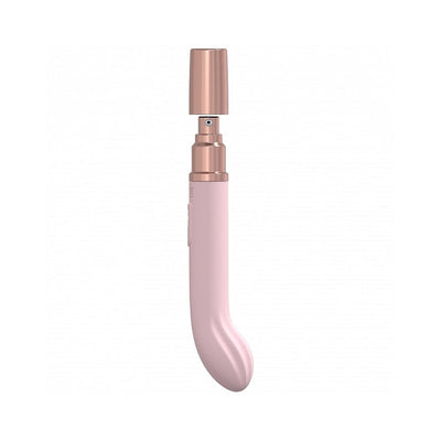 Pink curved G-spot vibrator with rose gold magnetic cap removed, sleek silicone finish.