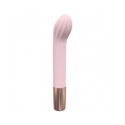 Pink silicone G-spot vibrator with textured tip and metallic rose gold base, sleek and rechargeable design.