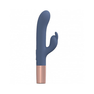 Loveline Traveler Rabbit vibrator in navy blue silicone with rose gold base, featuring dual stimulation design and ergonomic shape.