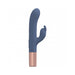 Loveline Traveler Rabbit vibrator in navy blue silicone with rose gold base, featuring dual stimulation design and ergonomic shape.