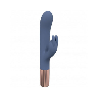 Loveline Traveler Rabbit vibrator in blue silicone with rose gold base, featuring dual stimulation design and smooth finish.