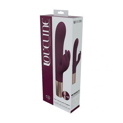 Packaging box of Loveline Traveler Rabbit silicone vibrator in deep purple with rose gold base and dual stimulation design.