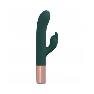 Dark green silicone rabbit vibrator with curved tip and rose gold base, designed for dual stimulation and rechargeable use.