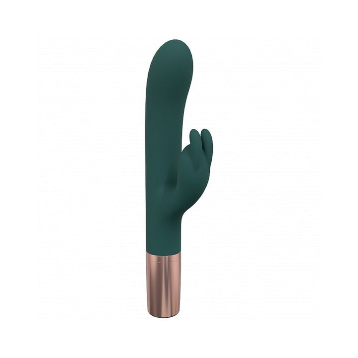 Dark green silicone rabbit vibrator with rose gold base and dual stimulation design.