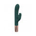 Dark green silicone rabbit vibrator with rose gold base and dual stimulation design.