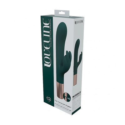 Loveline Traveler Rabbit vibrator in dark green silicone with rose gold base shown in retail packaging.