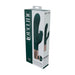 Loveline Traveler Rabbit vibrator in dark green silicone with rose gold base shown in retail packaging.