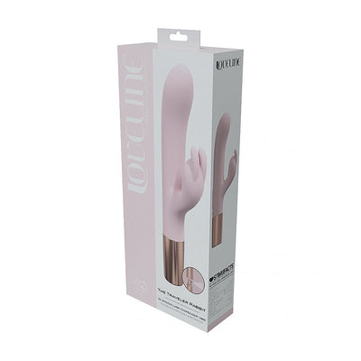 Packaging box of Loveline Traveler Rabbit vibrator in soft pink with rose gold base, featuring dual stimulation design.