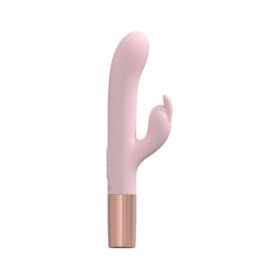 Pink silicone Loveline Traveler Rabbit vibrator with curved tip and clitoral stimulator, rose gold base, splashproof design.