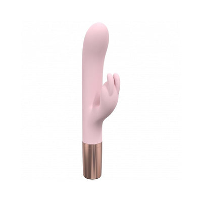 Pink silicone Loveline Traveler Rabbit vibrator with curved tip and dual stimulation arms, rose gold base, splashproof design.