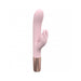 Pink silicone Loveline Traveler Rabbit vibrator with curved tip and dual stimulation arms, rose gold base, splashproof design.