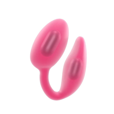 Pink dual stimulator with two vibrating motors connected by a flexible silicone bridge for versatile use.