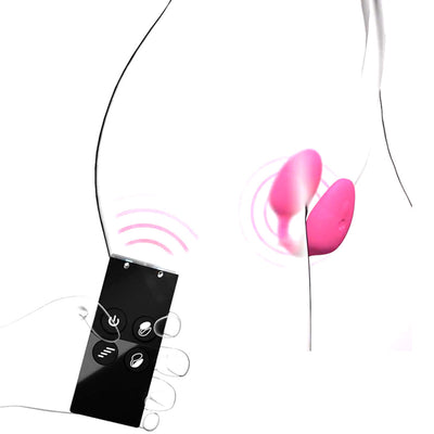 Hand holding a black wireless remote controlling a pink dual stimulator worn on a simplified body outline.