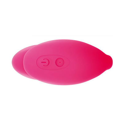 Pink dual stimulator with smooth silicone surface and integrated control buttons on top.