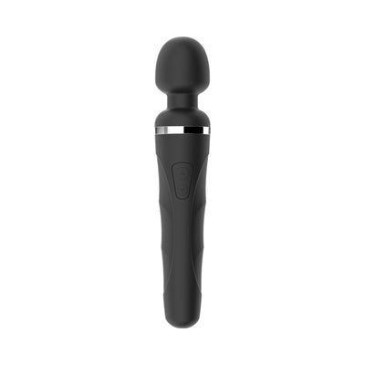 Black Lovense Domi 2 wand vibrator with rounded head and control buttons on handle, sleek silicone design