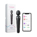 Lovense Domi 2 black wand vibrator with packaging and smartphone showing app control interface.
