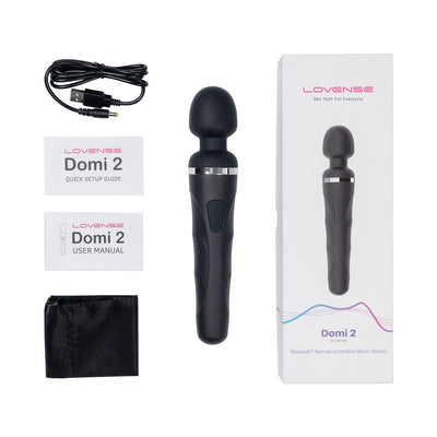 Lovense Domi 2 black wand vibrator with USB charging cable, user manuals, storage pouch, and packaging box on white background.