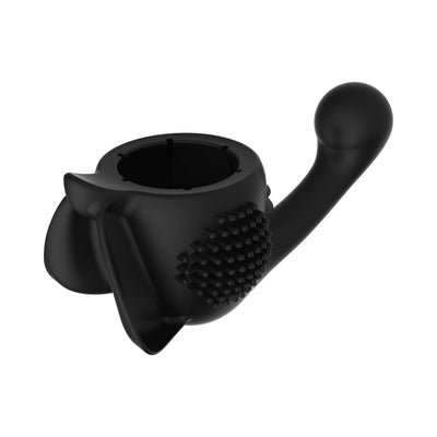 Black silicone female attachment for Lovense Domi with textured clitoral brush and curved vulva massager.