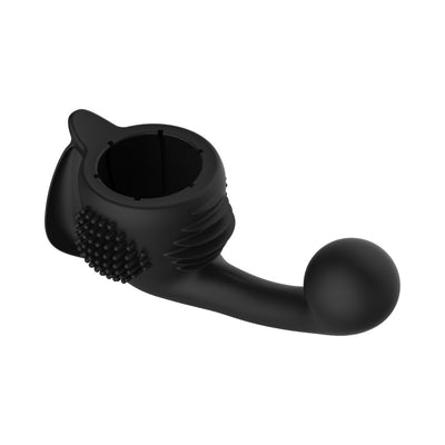 Black silicone female attachment for Lovense Domi with textured clitoral brush and curved vulva massager.